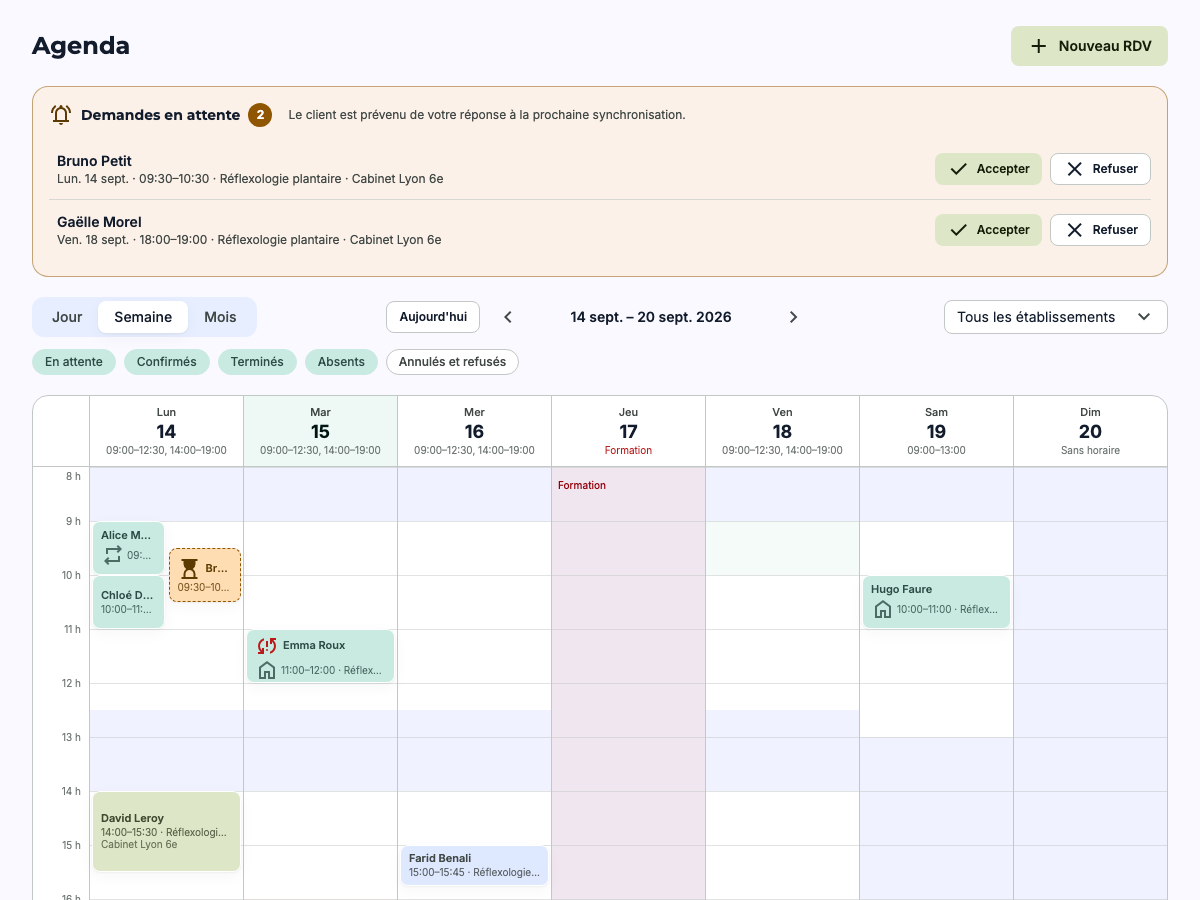 Agenda de la semaine avec les demandes de rendez-vous en attente